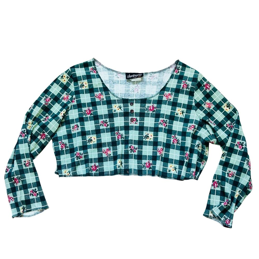 Vintage Plaid 90s Crop Top Long Sleeve Ribbed Knit Floral Cottagecore Scoopneck